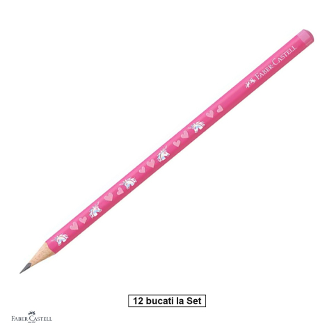 Birotica papetarie - Set 12 creioane grafit Faber-Castell Unicorn, duritate HB, forma triunghiulara ergonomica, mina rezistenta la rupere (lipire SV), camp pentru nume, roz
