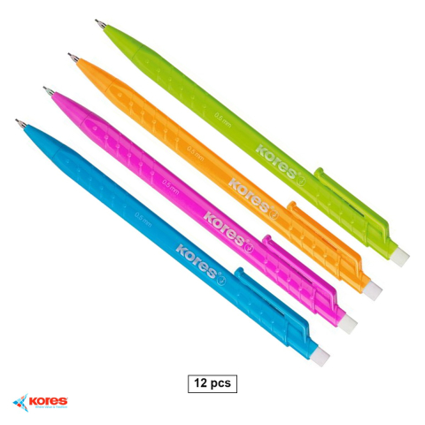 Birotica papetarie - Set 12 creioane mecanice Kores Grafitos, mina 0.5 mm, cu radiera, corp triunghiular, culori asortate