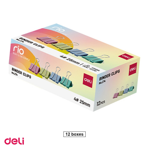 Clipsuri de birou - Set 12 cutii clipsuri pentru hartie Deli din metal, 25 mm, 12 bucati pe cutie, colorate