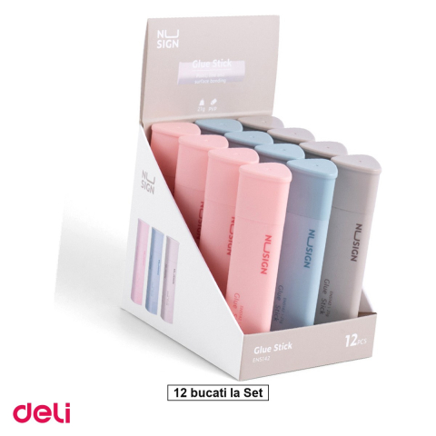 Bricolaj - Set 12 lipiciuri stick triunghiulare Deli Nusign 21g, uscare rapida, lavabil, pentru birou si scoala