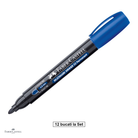 Birotica papetarie - Set 12 markere permanente Faber-Castell Multimark Winner 52, varf rotund 2,8 mm, cerneala rezistenta la apa, cu uscare rapida, pentru lemn, metal, sticla, plastic si carton, fara clip, albastru