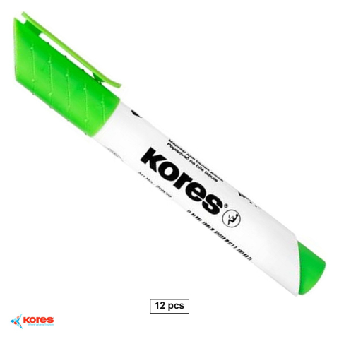 Accesorii prezentare - Set 12 markere whiteboard Kores, varf rotund 1-3 mm, culoare verde deschis, scriere fluida pentru table albe si flip chart