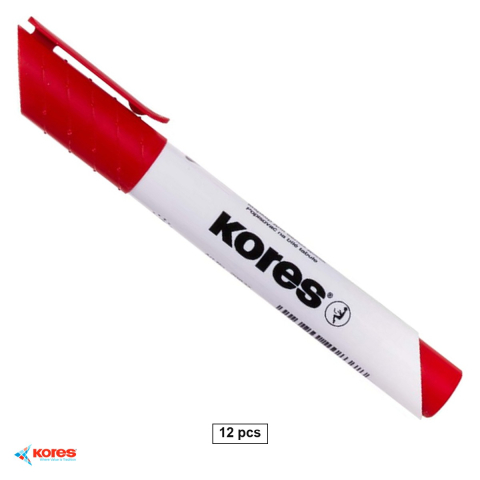 Accesorii prezentare - Set 12 markere whiteboard Kores, varf tesit, cerneala rosie cu uscare rapida, pentru whiteboard si flipchart