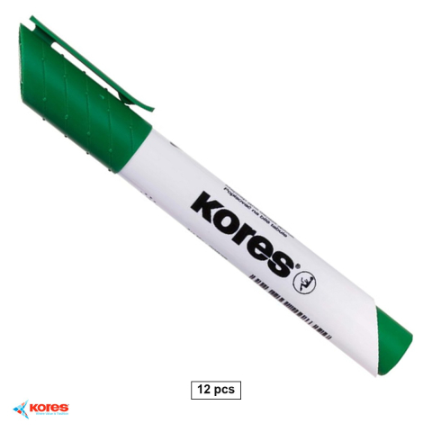 Accesorii prezentare - Set 12 markere whiteboard Kores, varf tesit, cerneala verde cu uscare rapida, pentru whiteboard si flipchart