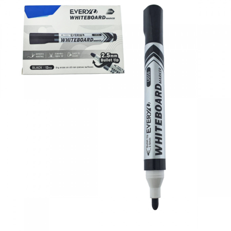 Instrumente de scris - Set 12 markere whiteboard negre, varf rotund 2.5 mm, scriere lina, model Everyday 016, lungime 144 mm, stergere uscata, pentru tabla de scris, melaminat, sticla si alte suprafete neporoase