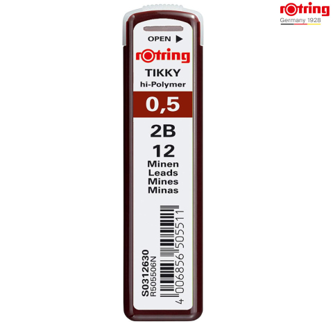 Birotica papetarie - Set 12 mine creion 0.5mm 2B cu Rezistenta Extra la Rupere, pentru Desen Tehnic si Scriere, in Etui Protector Rotring