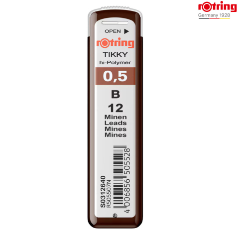 Birotica papetarie - Set 12 mine creion 0.5mm B cu Rezistenta Extra la Rupere, pentru Desen Tehnic si Scriere Precisa, in Etui Protector Rotring