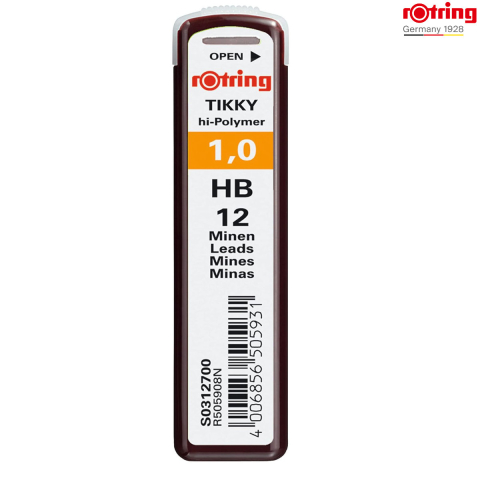 Birotica papetarie - Set 12 mine creion 1.0mm HB cu Rezistenta Extra la Rupere, pentru Scriere si Schitare Rezistente, in Etui Protector Rotring