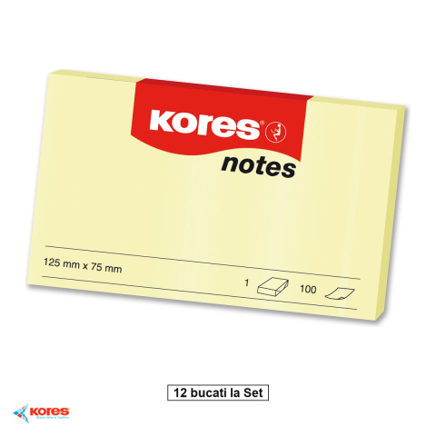 Birotica papetarie - Set 12 notesuri adezive Kores, 75x125 mm, galben pal, repozitionabil, 100 file, ideal pentru memento-uri si mesaje