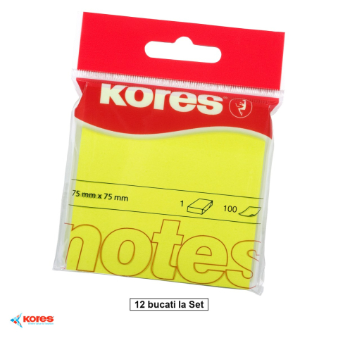 Birotica papetarie - Set 12 notesuri adezive Kores, 75x75 mm, galben neon, repozitionabil, 100 file, pentru memento-uri si organizare birou