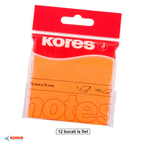Birotica papetarie - Set 12 notesuri adezive Kores portocaliu neon, 75x75 mm, 100 file, repozitionabil, pentru memento-uri si mesaje