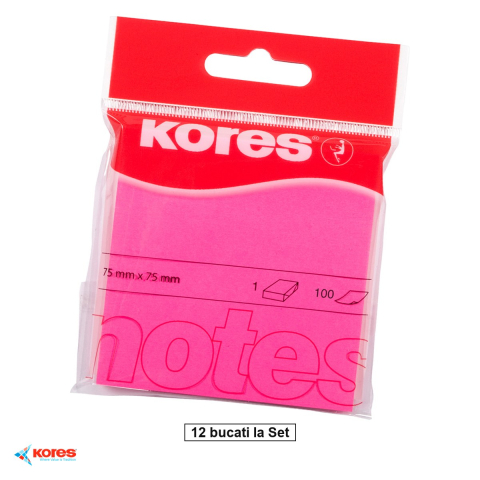 Birotica papetarie - Set 12 notesuri adezive Kores roz neon 75x75 mm, repozitionabil, 100 file, pentru memento-uri si mesaje