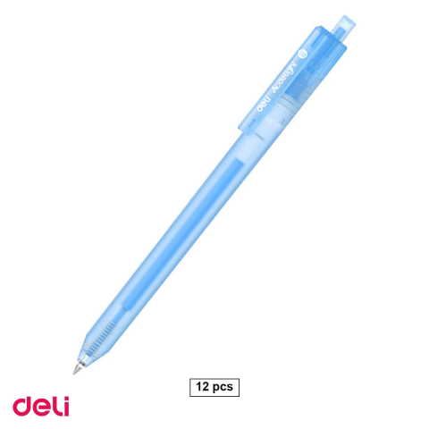 Birotica papetarie - Set 12 pixuri cu gel acrilic Deli G140, cu mecanism, varf 1 mm, cerneala albastra