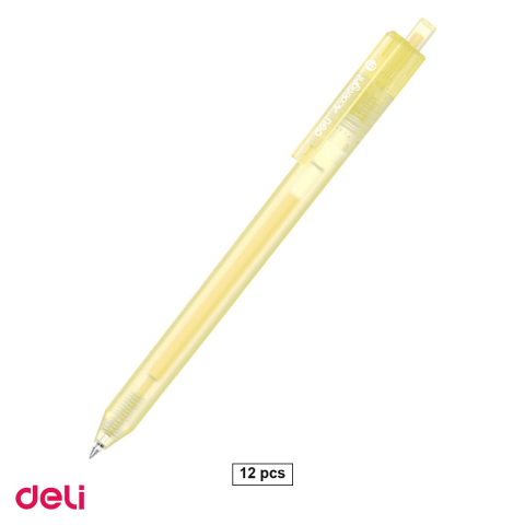 Birotica papetarie - Set 12 pixuri cu gel acrilic Deli G140, cu mecanism, varf 1 mm, cerneala galbena