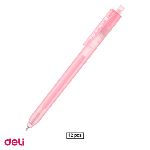 Birotica papetarie - Set 12 pixuri cu gel acrilic Deli G140, cu mecanism, varf 1 mm, cerneala roz