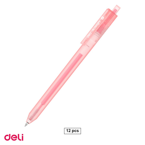 Birotica papetarie - Set 12 pixuri cu gel acrilic Deli G140, cu mecanism, varf 1 mm, cerneala roz-rosu