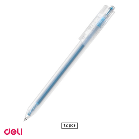 Birotica papetarie - Set 12 pixuri cu gel Deli, cu mecanism, varf 0.5 mm, cerneala albastru deschis