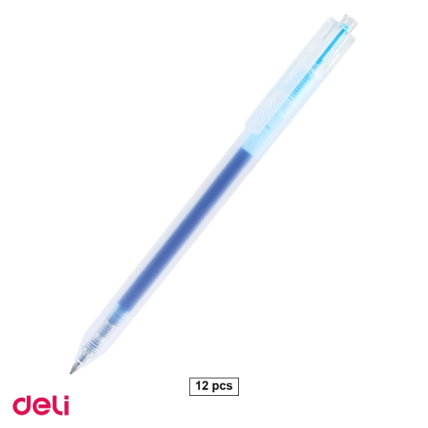 Birotica papetarie - Set 12 pixuri cu gel Deli, cu mecanism, varf 0.5 mm, cerneala bleu