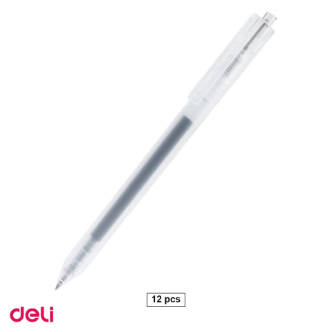 Birotica papetarie - Set 12 pixuri cu gel Deli, cu mecanism, varf 0.5 mm, cerneala gri