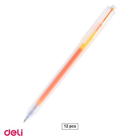 Birotica papetarie - Set 12 pixuri cu gel Deli, cu mecanism, varf 0.5 mm, cerneala portocaliu deschis