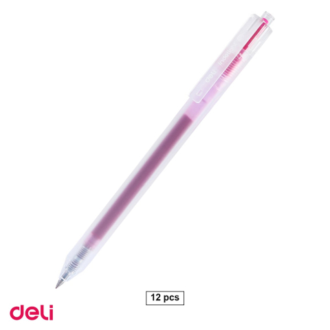 Birotica papetarie - Set 12 pixuri cu gel Deli, cu mecanism, varf 0.5 mm, cerneala roz purpuriu