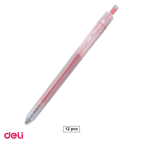 Birotica papetarie - Set 12 pixuri cu gel Deli, cu mecanism, varf 0.5 mm, cerneala roz-rosu