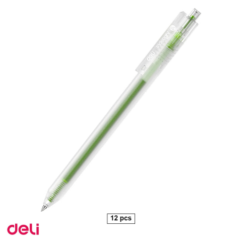 Birotica papetarie - Set 12 pixuri cu gel Deli, cu mecanism, varf 0.5 mm, cerneala verde deschis