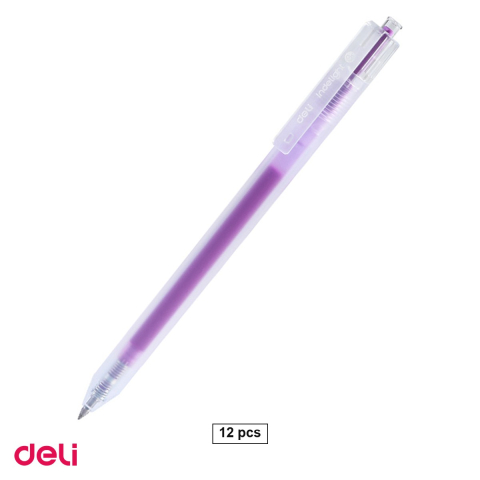 Birotica papetarie - Set 12 pixuri cu gel Deli, cu mecanism, varf 0.5 mm, cerneala violet purpuriu