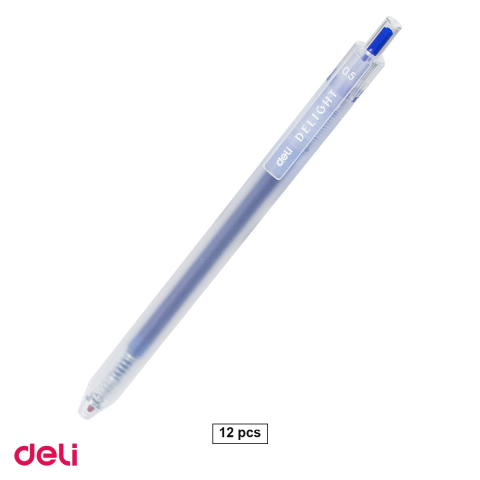 Birotica papetarie - Set 12 pixuri cu gel Deli Delight, cu mecanism, varf 0.5 mm, cerneala albastra