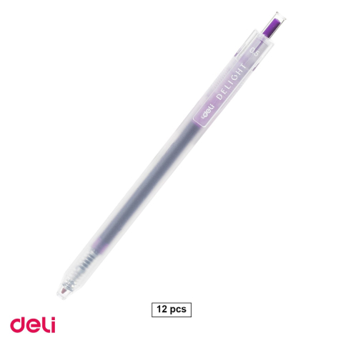 Birotica papetarie - Set 12 pixuri cu gel Deli Delight, cu mecanism, varf 0.5 mm, cerneala mov