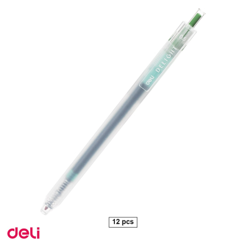 Birotica papetarie - Set 12 pixuri cu gel Deli Delight, cu mecanism, varf 0.5 mm, cerneala verde