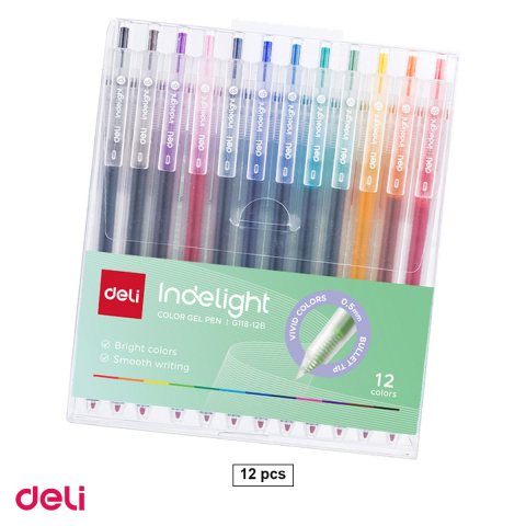 Birotica papetarie - Set 12 pixuri cu gel Deli Delight, cu mecanism, varf 0.5 mm, culori diverse
