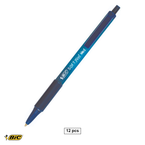 Birotica papetarie - Set 12 pixuri cu mecanism Bic Soft Feel, varf 1.0 mm, scriere fluida albastra, pentru birou si scoala