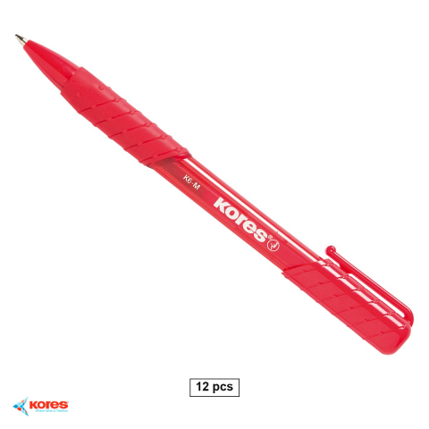 Instrumente de scris - Set 12 pixuri cu mecanism Kores K6, varf fin 0.7 mm, forma triunghiulara ergonomica, cerneala rosie
