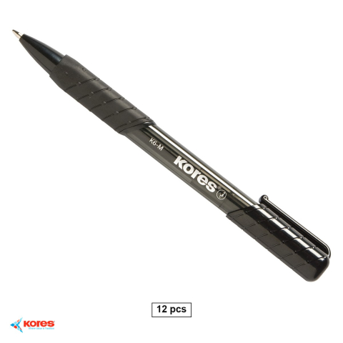 Instrumente de scris - Set 12 pixuri cu mecanism Kores K6, varf mediu 1mm, forma triunghiulara ergonomica, cerneala neagra