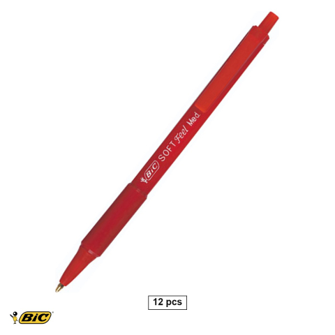 Birotica papetarie - Set 12 pixuri retractabile Bic Soft Feel, varf 1.0 mm, cerneala rosie, scriere fluida si confortabila