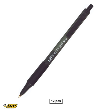 Birotica papetarie - Set 12 pixuri retractabile Bic Soft Feel, varf 1 mm, cerneala neagra, grip cauciucat moale, pentru scriere fluida