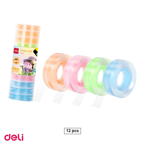 Ambalaj birou - Set 12 role banda adeziva Deli cu cotor colorat 12 mm x 27 m, cotoare in 4 culori, adeziv puternic, transparente