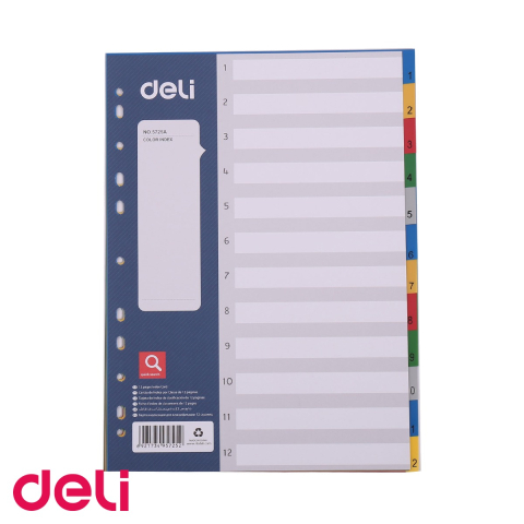 Indecsi si separatoare pentru dosare - Set 12 separatoare index plastic color Deli, format A4, cu 11 perforatii, pentru organizare documente