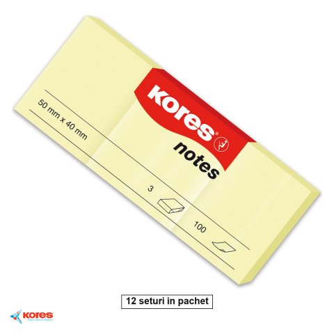 Birotica papetarie - Set 12 seturi notesuri adezive Kores, galben pal, 40x50 mm, 3x100 file, repozitionabile, pentru memento-uri si mesaje