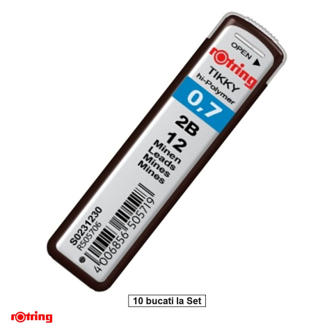 Birotica papetarie - Set 120 mine creion 0.7mm 2B cu Rezistenta Extra la Rupere, pentru Desen Tehnic si Scriere Confortabila, in Etui Protector Rotring, 10 etuiuri