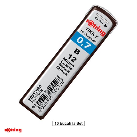 Birotica papetarie - Set 120 mine creion 0.7mm B cu Rezistenta Extra la Rupere, pentru Scriere Confortabila si Desen Versatil, in Etui Protector Rotring, 10 etuiuri