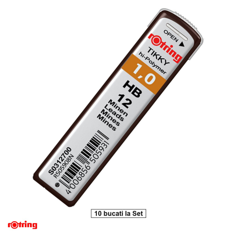 Birotica papetarie - Set 120 mine creion 1.0mm HB cu Rezistenta Extra la Rupere, pentru Scriere si Schitare Rezistente, in Etui Protector Rotring, 10 etuiuri