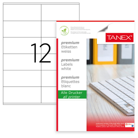 Calculatoare numerice - Set 1200 etichete autoadezive A4, 100 coli, 12 etichete/coala, 105x46 mm, albe, colturi drepte, pentru imprimante laser si inkjet, Tanex TW-2512