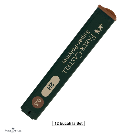 Mine pentru creioane mecanice - Set 144 mine creion 0,5 mm, Faber-Castell Super-Polymer, duritate 2H, 12 tuburi, foarte rezistente la rupere, pentru linii negre intense