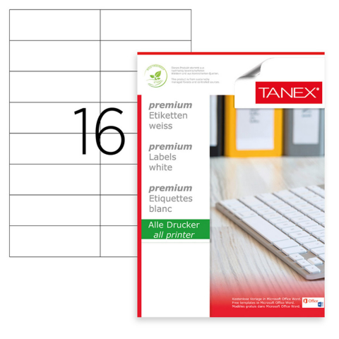 Hartie - Set 1600 etichete autoadezive A4, 100 coli, 16 etichete/coala, 105x37 mm, albe, colturi drepte, pentru imprimante laser si inkjet, Tanex TW-2105
