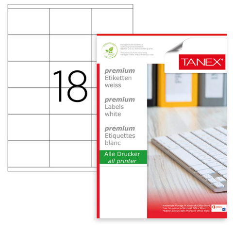 Hartie - Set 1800 etichete autoadezive A4, 100 coli, 18 etichete/coala, 70x46 mm, albe, colturi drepte, pentru imprimante laser si inkjet, Tanex TW-2218
