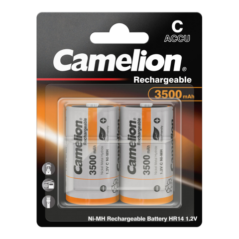 Baterii acumulatori standard - Set 2 Acumulatori C (R14) Reincarcabili Camelion Ni-MH 3500mAh, Capacitate Extrem de Mare, Pentru Jucarii Puternice, Aparate Foto, Echipamente Profesionale, Blister