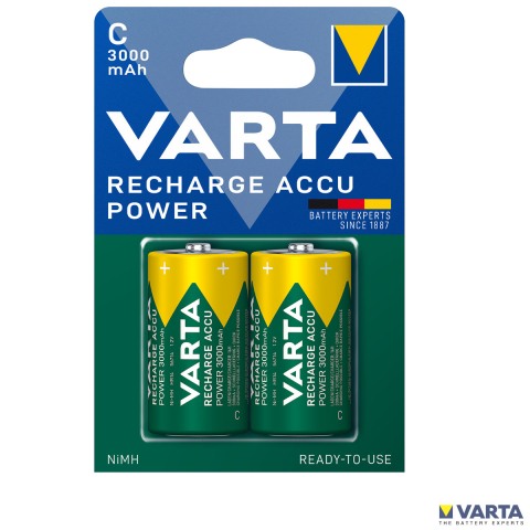 Baterii acumulatori standard - Set 2 Baterii Acumulatori Varta R14/C Reincarcabile, 3000 mAh, Cu Auto-descarcare Foarte Redusa, Pentru Dispozitive cu Consum Mare, Gata de Folosit Imediat