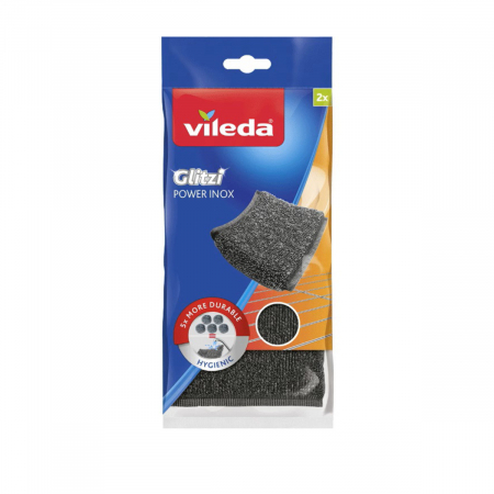 Bureti si spalatoare - Set 2 bureti din otel inoxidabil Vileda Glitzi Power Inox 17203, 110 x 95 x 18 mm